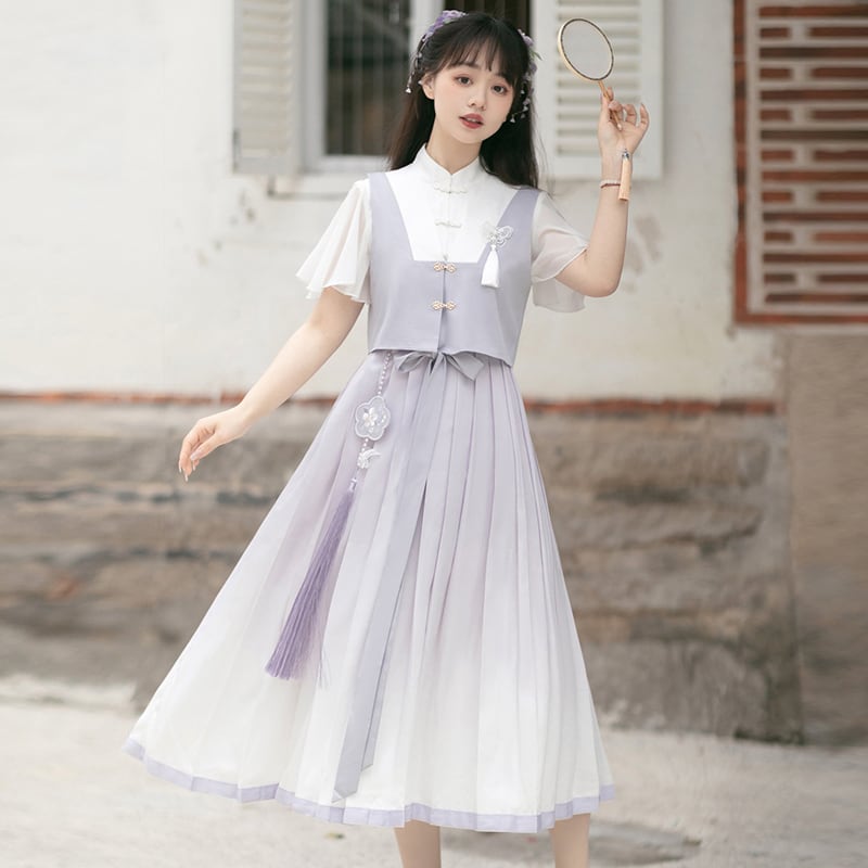 【浥城朝雨シリーズ】チャイナ風 セットアップ 2点セット ワンピース ベスト 改良漢服 半袖 可愛い