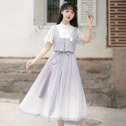 【浥城朝雨シリーズ】チャイナ風 セットアップ 2点セット ワンピース ベスト 改良漢服 半袖 可愛い