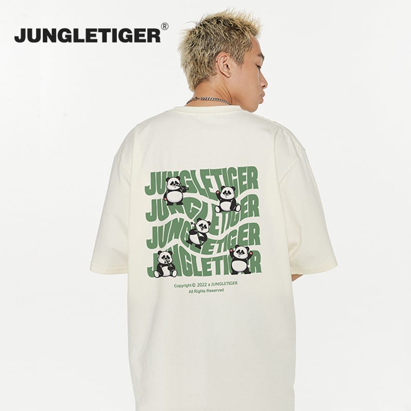 【JUNGLETIGERシリーズ】Tシャツ 5色 トップス 半袖 男女兼用 メンズ コットン 黒 白 灰 緑 パンダ