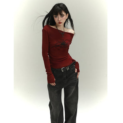 【LADYGHOSTシリーズ】オフショルダー セクシー トップス 個性的 ワインレッド 赤 着回ししやすい 公爵の服
