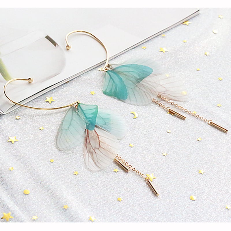 【YOUR EARSシリーズ】チャイナ風耳飾り 2色 3タイプ ピアス イヤリング イヤーフック ペア 小物 アクセサリー レディース 蝶々の翼 緑 青