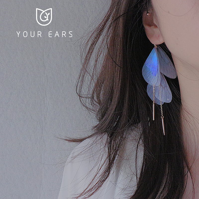 【YOUR EARSシリーズ】チャイナ風耳飾り 2色 3タイプ ピアス イヤリング イヤーフック ペア 小物 アクセサリー レディース 蝶々の翼 緑 青