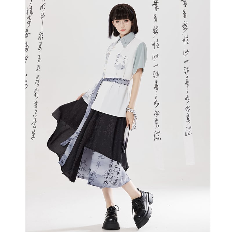 【卿棠---幽篁玉京シリーズ】チャイナ風 キュロットスカート カジュアル 切り替え ボトムス 男女兼用 メンズ 漢字柄