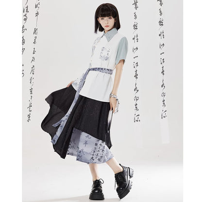 【卿棠---幽篁玉京シリーズ】チャイナ風 キュロットスカート カジュアル 切り替え ボトムス 男女兼用 メンズ 漢字柄