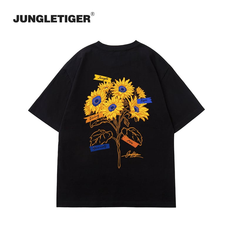 【JUNGLETIGERシリーズ】5色 半袖 Tシャツ 男女兼用 向日葵 コットン トップス 黒 白 灰 青