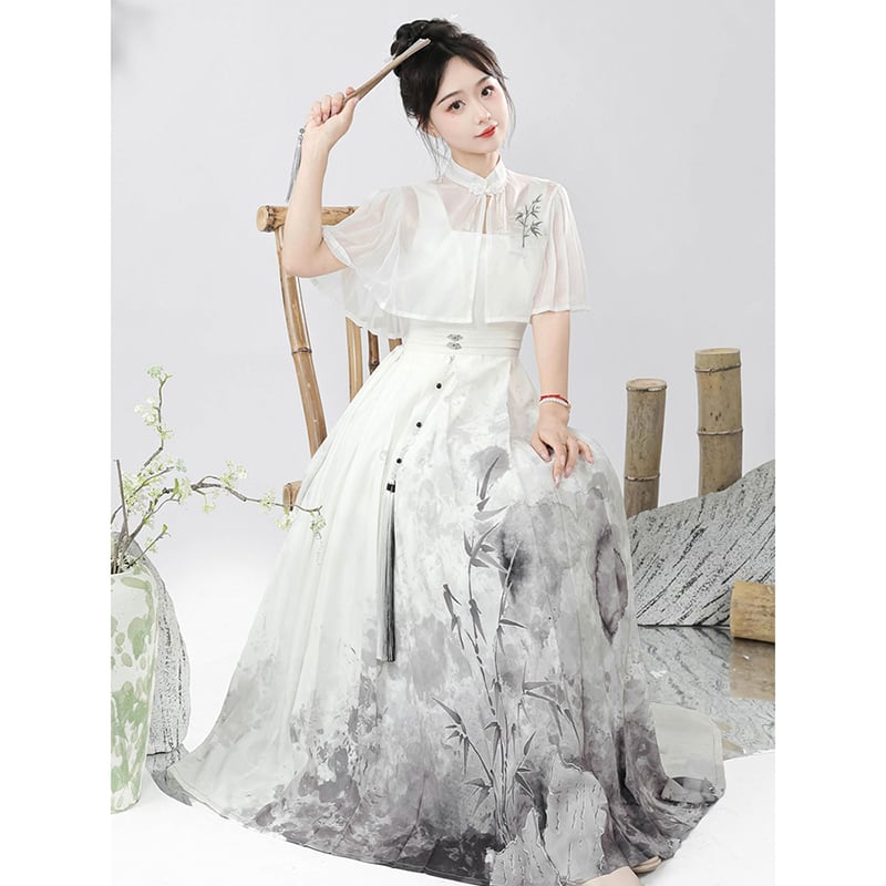 【停云落月---水墨寒江シリーズ】チャイナ風ワンピースセット 中華服 つりワンピース＋トップス 水墨柄