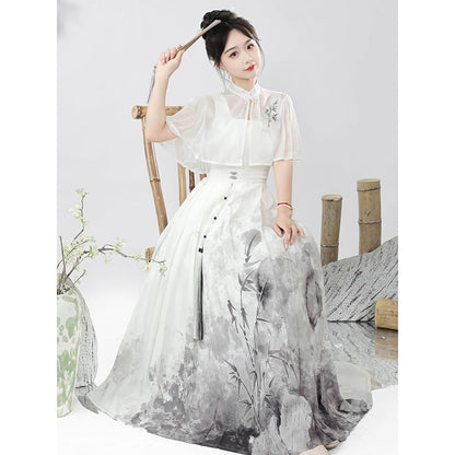 【停云落月---水墨寒江シリーズ】チャイナ風ワンピースセット 中華服 つりワンピース＋トップス 水墨柄