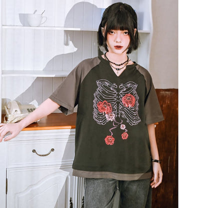 【古怪舍---花骨シリーズ】チャイナ風 半袖 Tシャツ プリント 個性的 オリジナル Vネック コットン トップス