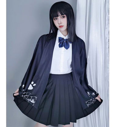 【倉寶兒屋シリーズ】チャイナ風法被 猫柄プリント 夏服 薄手 ブラック ライトグレー 2色