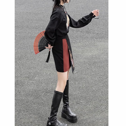 【雲鬢斜簪シリーズ】★チャイナ風トップス★ 中華服 漢字柄 プリント オリジナル 合わせやすい