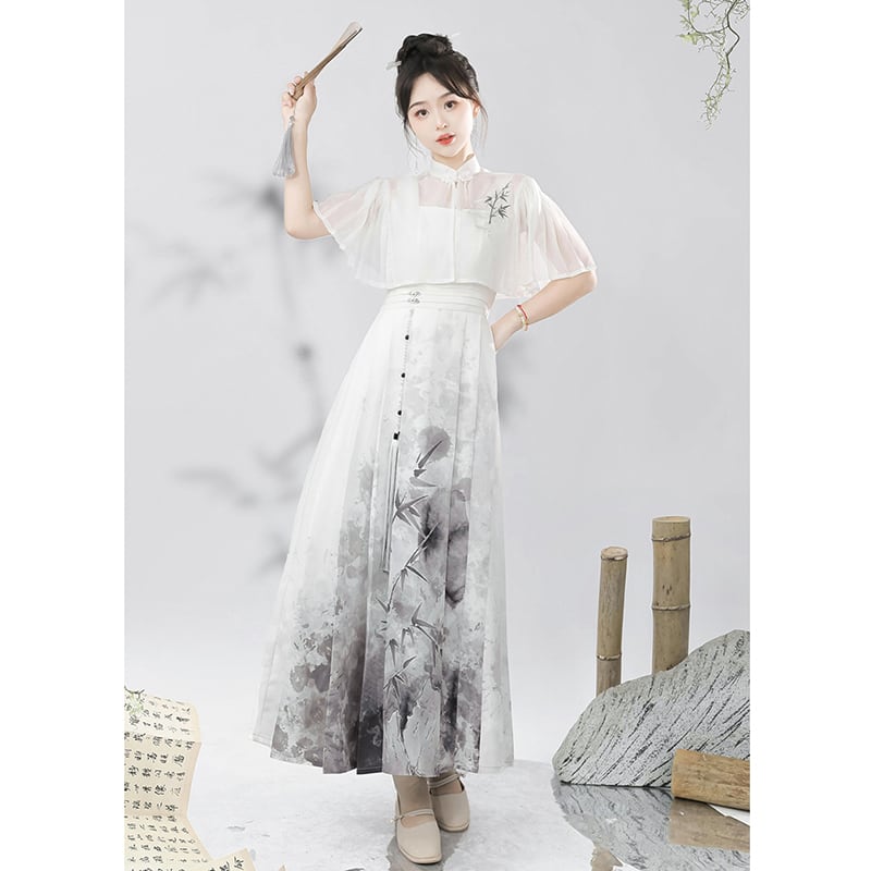 【停云落月---水墨寒江シリーズ】チャイナ風ワンピースセット 中華服 つりワンピース＋トップス 水墨柄
