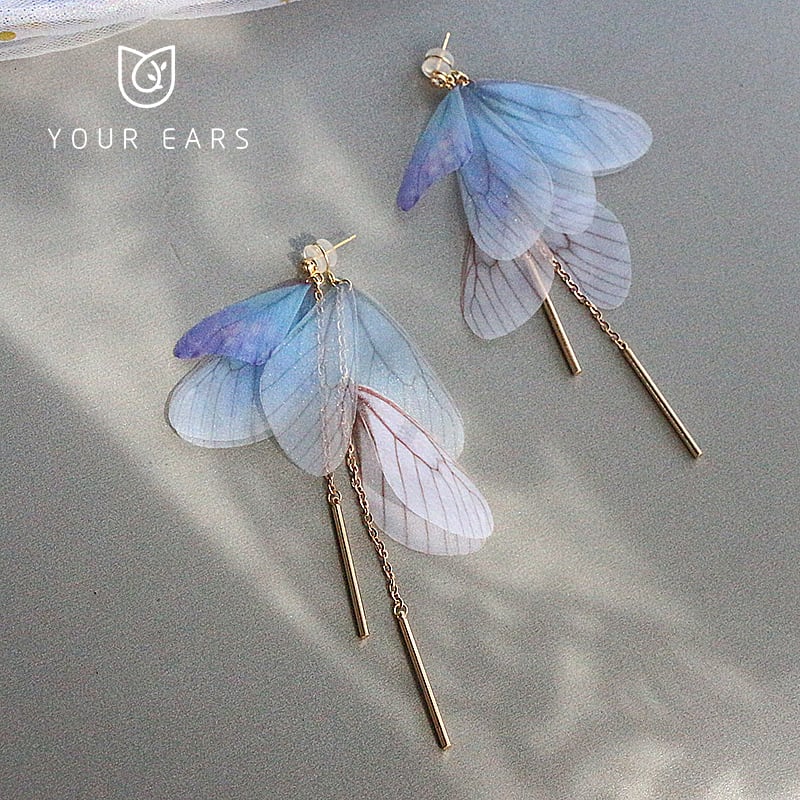 【YOUR EARSシリーズ】チャイナ風耳飾り 2色 3タイプ ピアス イヤリング イヤーフック ペア 小物 アクセサリー レディース 蝶々の翼 緑 青