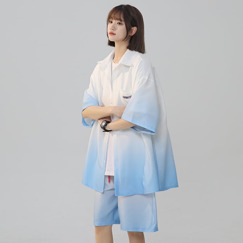 【藤伊曼シリーズ】4色 シャツ+短パン セットアップ 半袖 男女兼用 大きいサイズ グラデーション