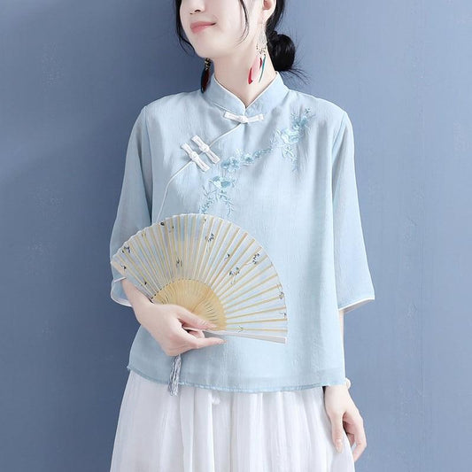 【清裊シリーズ】★チャイナ風トップス★ 3COLOR 七分袖 配色 ブルー ホワイト ピンク 青 白 レトロ 文芸スタイル - ChinChic