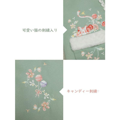 【酔雨朶シリーズ】★チャイナ風アウター★ コート 3COLOR ファー 刺繍 猫 花 可愛い 暖かい 厚て 濃赤 黄 緑 - ChinChic