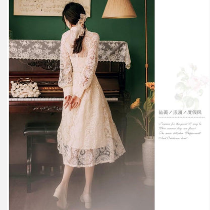 【華莎之城シリーズ】★チャイナ風ワンピース★ 3COLOR 黒ORベージュOR紫 レースワンピース デート 結婚式 通勤 気質アップ - ChinChic