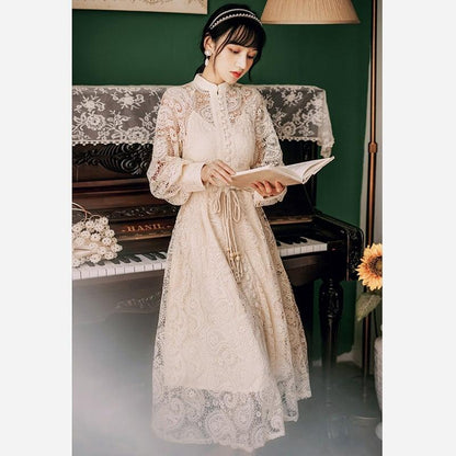 【華莎之城シリーズ】★チャイナ風ワンピース★ 3COLOR 黒ORベージュOR紫 レースワンピース デート 結婚式 通勤 気質アップ - ChinChic
