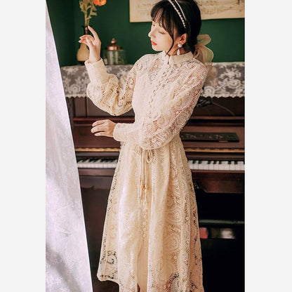 【華莎之城シリーズ】★チャイナ風ワンピース★ 3COLOR 黒ORベージュOR紫 レースワンピース デート 結婚式 通勤 気質アップ - ChinChic