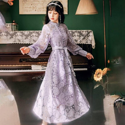 【華莎之城シリーズ】★チャイナ風ワンピース★ 3COLOR 黒ORベージュOR紫 レースワンピース デート 結婚式 通勤 気質アップ - ChinChic