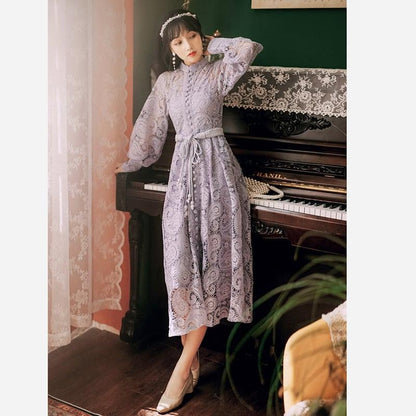 【華莎之城シリーズ】★チャイナ風ワンピース★ 3COLOR 黒ORベージュOR紫 レースワンピース デート 結婚式 通勤 気質アップ - ChinChic