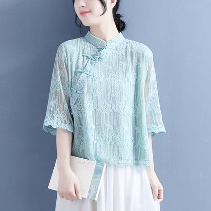 【清裊シリーズ】★チャイナ風シャツ★ 4カラー レース 中華服 スタンドネック 合わせやすい 夏 シンプル - ChinChic