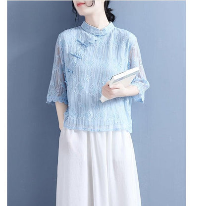 【清裊シリーズ】★チャイナ風シャツ★ 4カラー レース 中華服 スタンドネック 合わせやすい 夏 シンプル - ChinChic