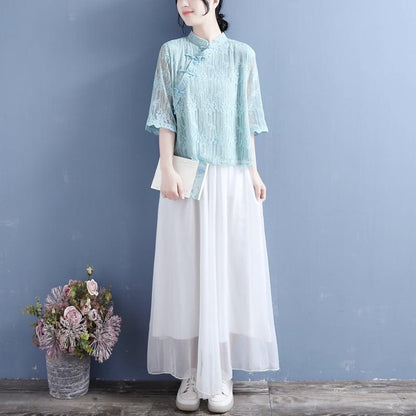 【清裊シリーズ】★チャイナ風シャツ★ 4カラー レース 中華服 スタンドネック 合わせやすい 夏 シンプル - ChinChic