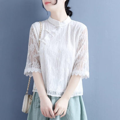 【清裊シリーズ】★チャイナ風シャツ★ 4カラー レース 中華服 スタンドネック 合わせやすい 夏 シンプル - ChinChic