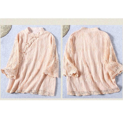 【清裊シリーズ】★チャイナ風シャツ★ 4カラー レース 中華服 スタンドネック 合わせやすい 夏 シンプル - ChinChic