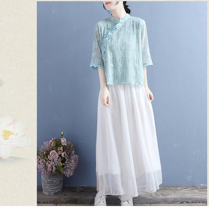 【清裊シリーズ】★チャイナ風シャツ★ 4カラー レース 中華服 スタンドネック 合わせやすい 夏 シンプル - ChinChic