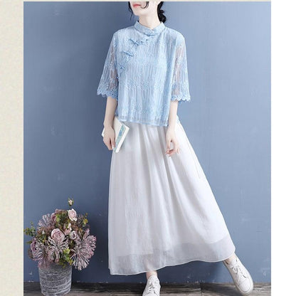 【清裊シリーズ】★チャイナ風シャツ★ 4カラー レース 中華服 スタンドネック 合わせやすい 夏 シンプル - ChinChic