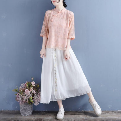 【清裊シリーズ】★チャイナ風シャツ★ 4カラー レース 中華服 スタンドネック 合わせやすい 夏 シンプル - ChinChic