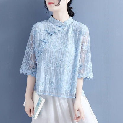 【清裊シリーズ】★チャイナ風シャツ★ 4カラー レース 中華服 スタンドネック 合わせやすい 夏 シンプル - ChinChic