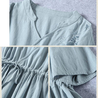 【清裊シリーズ】★チャイナ風ワンピース★ 4カラー 刺繍 棉麻 Vネック 中華服 唐装レトロ系 ブルー レッド パープル ホワイト - ChinChic