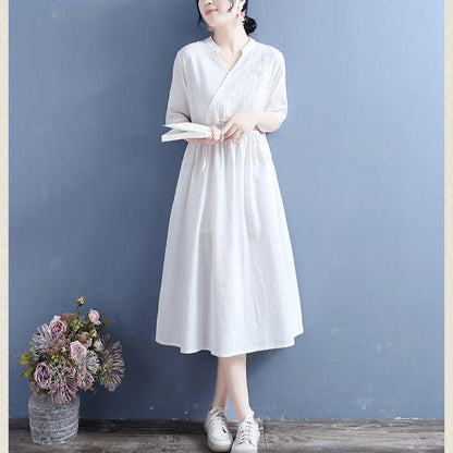 【清裊シリーズ】★チャイナ風ワンピース★ 4カラー 刺繍 棉麻 Vネック 中華服 唐装レトロ系 ブルー レッド パープル ホワイト - ChinChic
