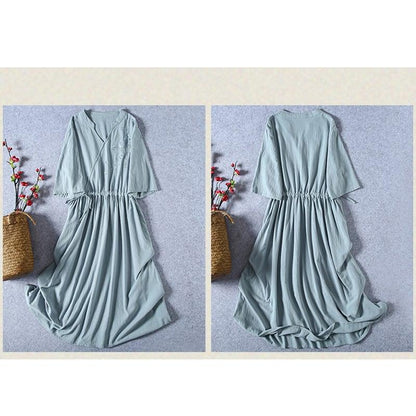 【清裊シリーズ】★チャイナ風ワンピース★ 4カラー 刺繍 棉麻 Vネック 中華服 唐装レトロ系 ブルー レッド パープル ホワイト - ChinChic