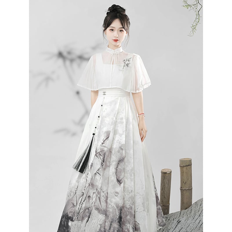 【停云落月---水墨寒江シリーズ】チャイナ風ワンピースセット 中華服 つりワンピース＋トップス 水墨柄