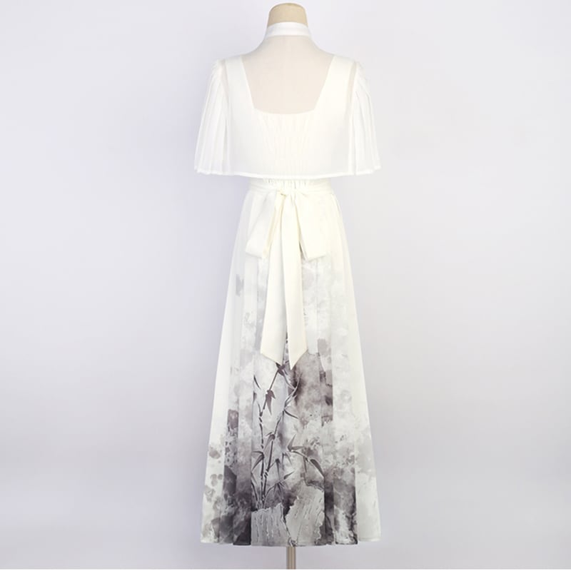 【停云落月---水墨寒江シリーズ】チャイナ風ワンピースセット 中華服 つりワンピース＋トップス 水墨柄