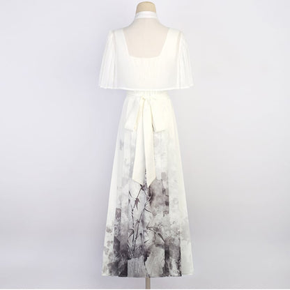 【停云落月---水墨寒江シリーズ】チャイナ風ワンピースセット 中華服 つりワンピース＋トップス 水墨柄