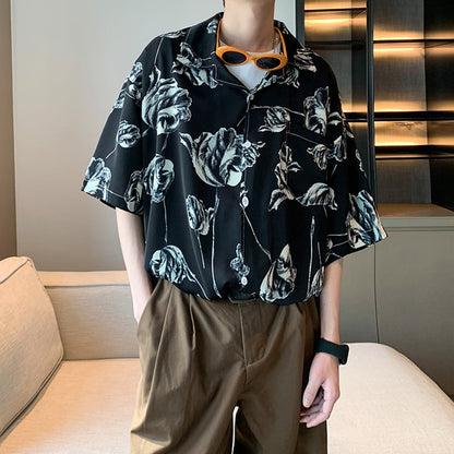 【ZHUIYIシリーズ】チャイナ風トップス 男女兼用 半袖シャツ 大きいサイズ 花柄 シャツ 2色展開 黒 白
