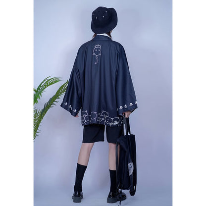 【倉寶兒屋シリーズ】チャイナ風法被 猫柄プリント 夏服 薄手 ブラック ライトグレー 2色