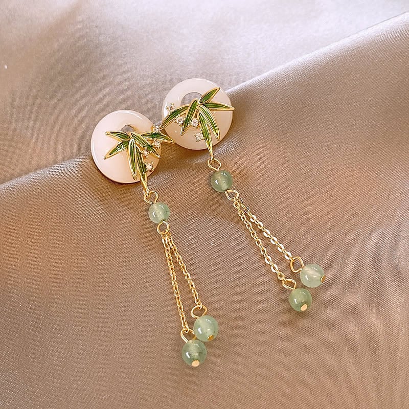 【CHOEUシリーズ】チャイナ風 耳飾り 竹柄 ピアス ペア レディース フリンジ アクセサリー グリーン
