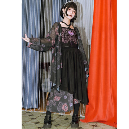 【古怪舍---花骨シリーズ】チャイナ風 スカート ボトムス 切り替え ブラック 花柄 ウエストゴム レディース ファッション