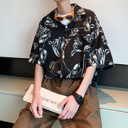 【ZHUIYIシリーズ】チャイナ風トップス 男女兼用 半袖シャツ 大きいサイズ 花柄 シャツ 2色展開 黒 白