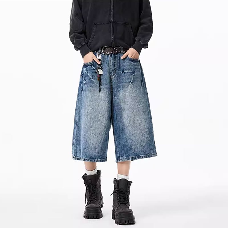 【VUUGシリーズ】カジュアルパンツ 七分丈 デニムパンツ ボトムス 男女兼用 メンズ おしゃれ ブルー 青色
