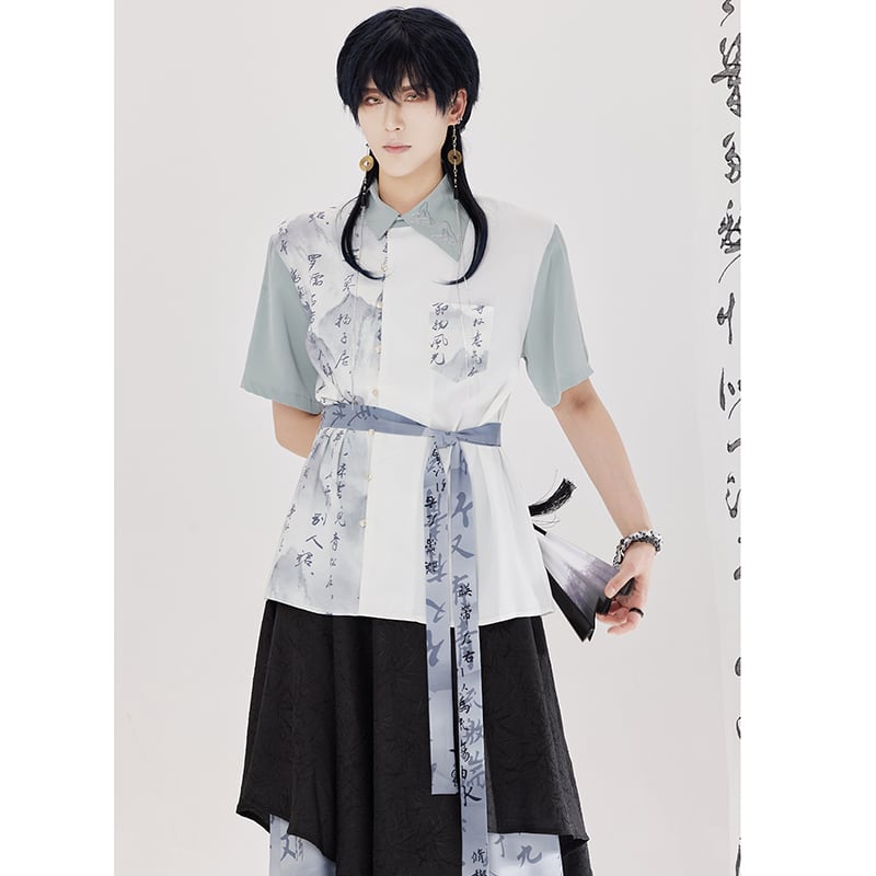【卿棠---山澗序語シリーズ】チャイナ風 プリント 半袖シャツ 男女兼用 漢字柄 トップス
