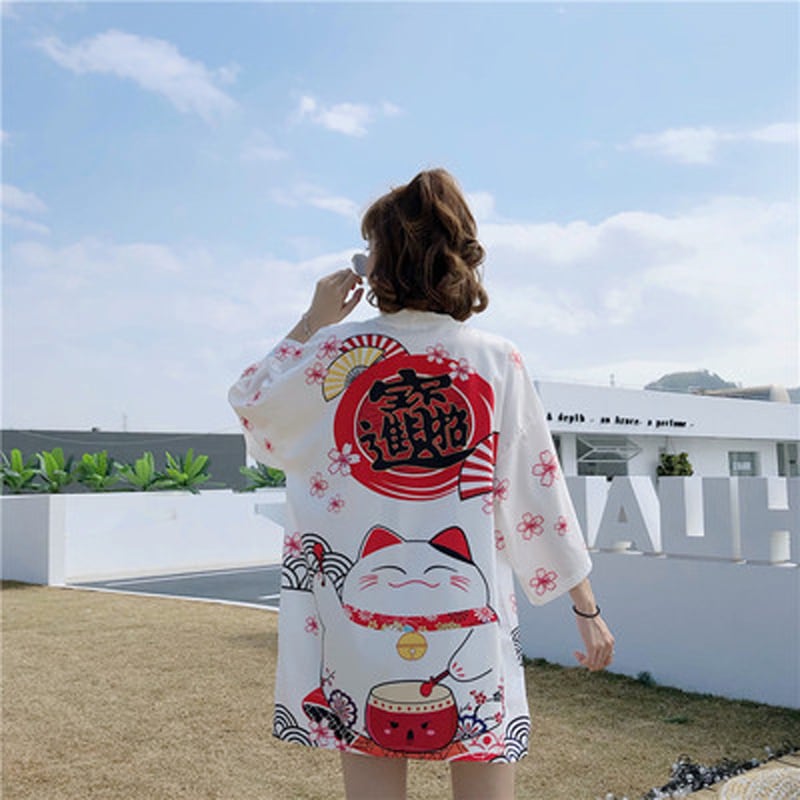 【潮我看シリーズ】カーディガン 2色 アウター トップス 招き猫模様 桜 可愛い 和風 ゆったり カジュアル ファッション
