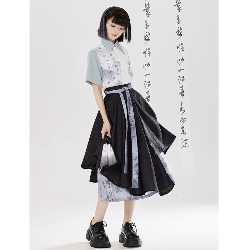 【卿棠---幽篁玉京シリーズ】チャイナ風 キュロットスカート カジュアル 切り替え ボトムス 男女兼用 メンズ 漢字柄