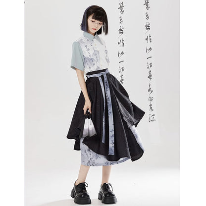 【卿棠---幽篁玉京シリーズ】チャイナ風 キュロットスカート カジュアル 切り替え ボトムス 男女兼用 メンズ 漢字柄