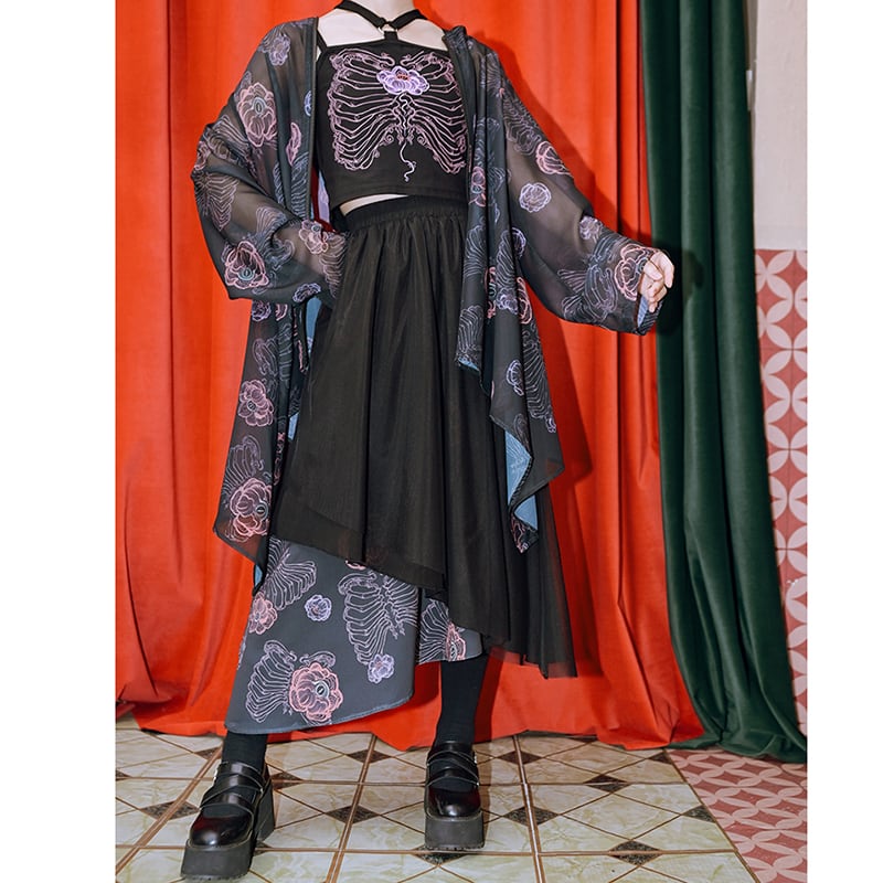 【古怪舍---花骨シリーズ】チャイナ風 スカート ボトムス 切り替え ブラック 花柄 ウエストゴム レディース ファッション